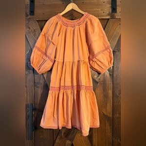 THE GREAT Terracotta Lace-Trimmed Midi Dress 100% Cotton